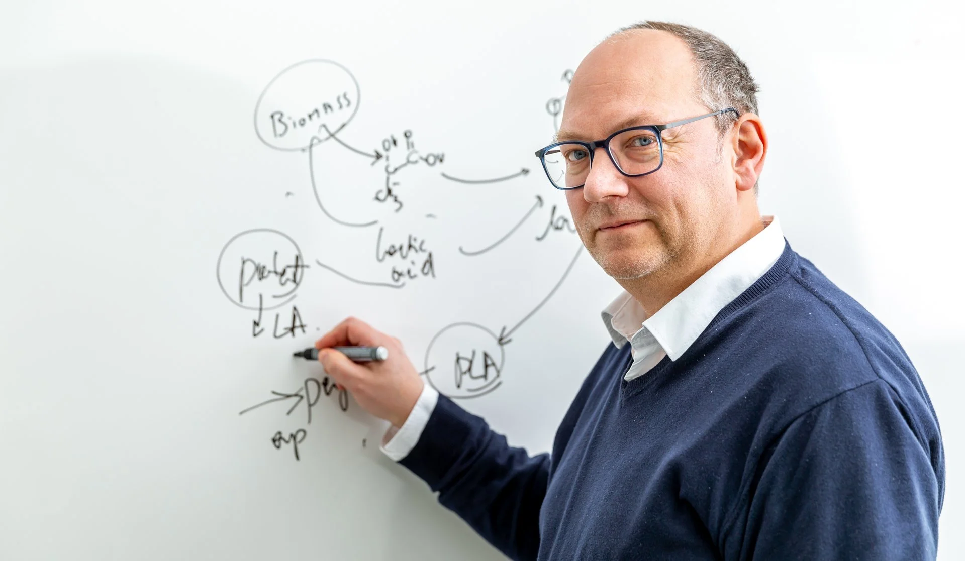 Photo d'entreprise montrant un scientifique portant des lunettes écrit sur un tableau blanc avec un schéma annoté de mots liés à la biomasse.