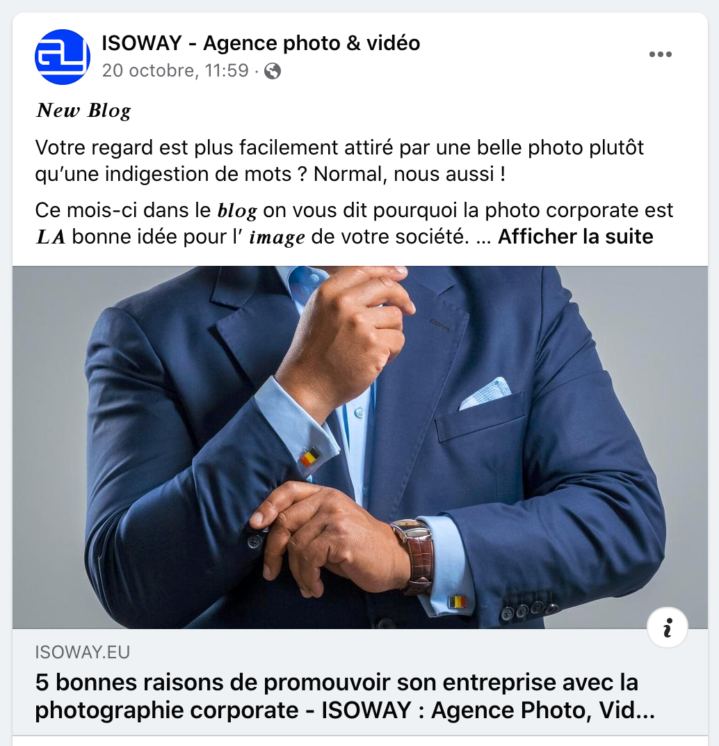 Publication Facebook d'une agence photo et vidéo promouvant la photographie corporate. L'image montre une personne en costume bleu, avec une main sur le menton et l'autre croisant les bras.