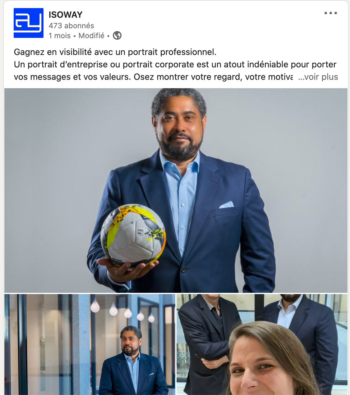 Un homme en costume bleu tenant un ballon de football, accompagné dans d'autres images par des collègues en milieu professionnel.