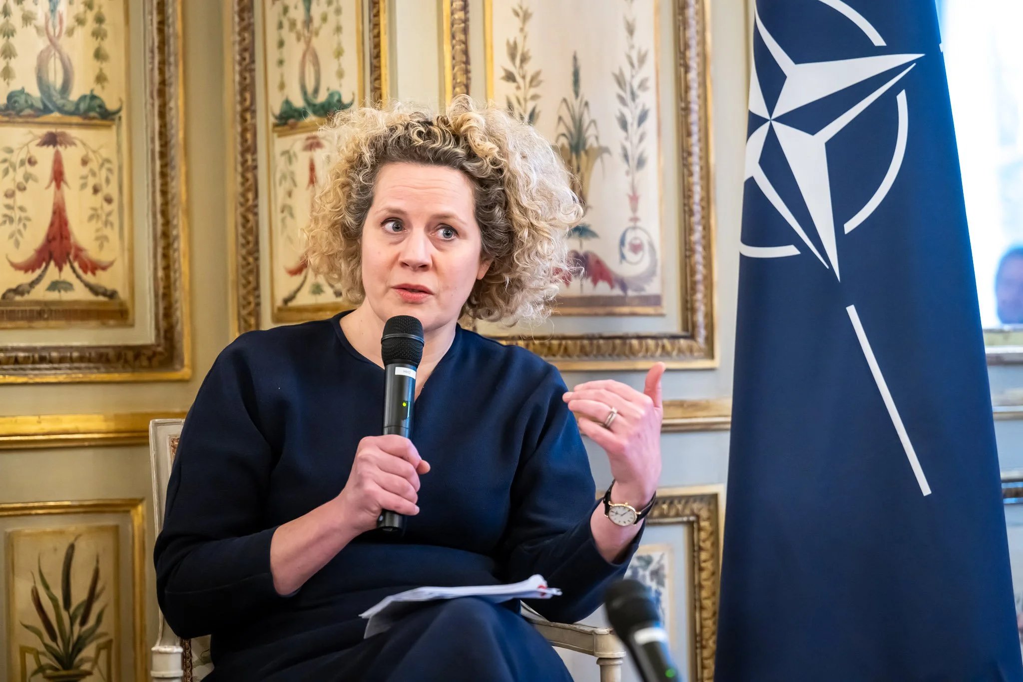 A woman holding a microphone, gesturing whilst giving a speech. She is sitting next to a NATO flag in an ornately decorated room.