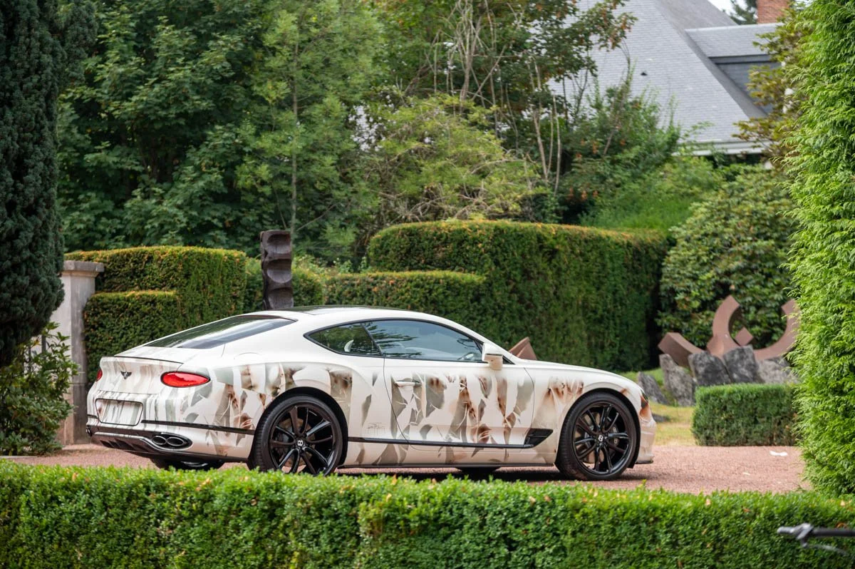 Voiture de luxe avec motif floral garée dans un jardin bien entretenu.