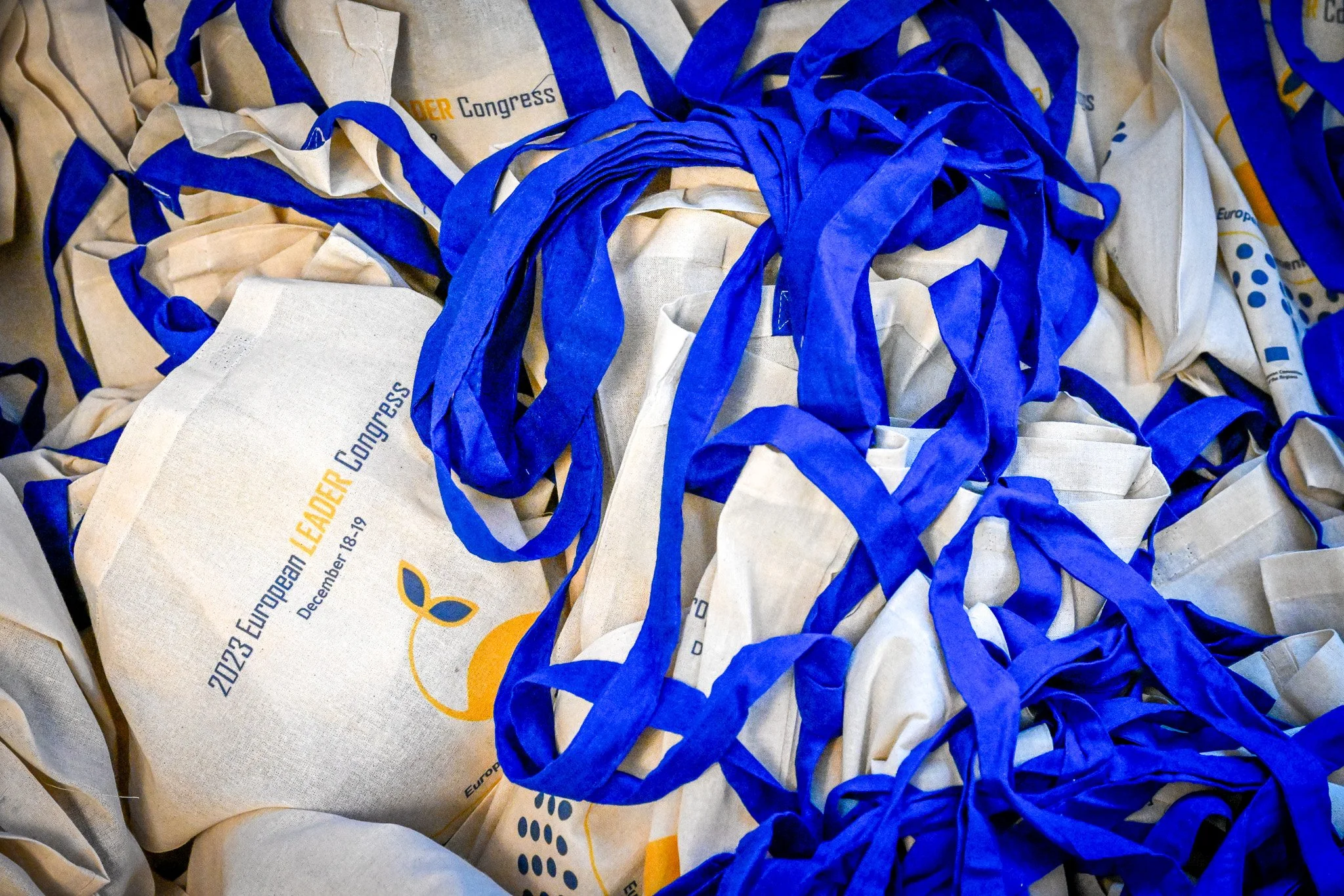 Un tas de sacs en toile avec des anses bleues, portant l'inscription "2023 European Leader Congress, December 18-19".