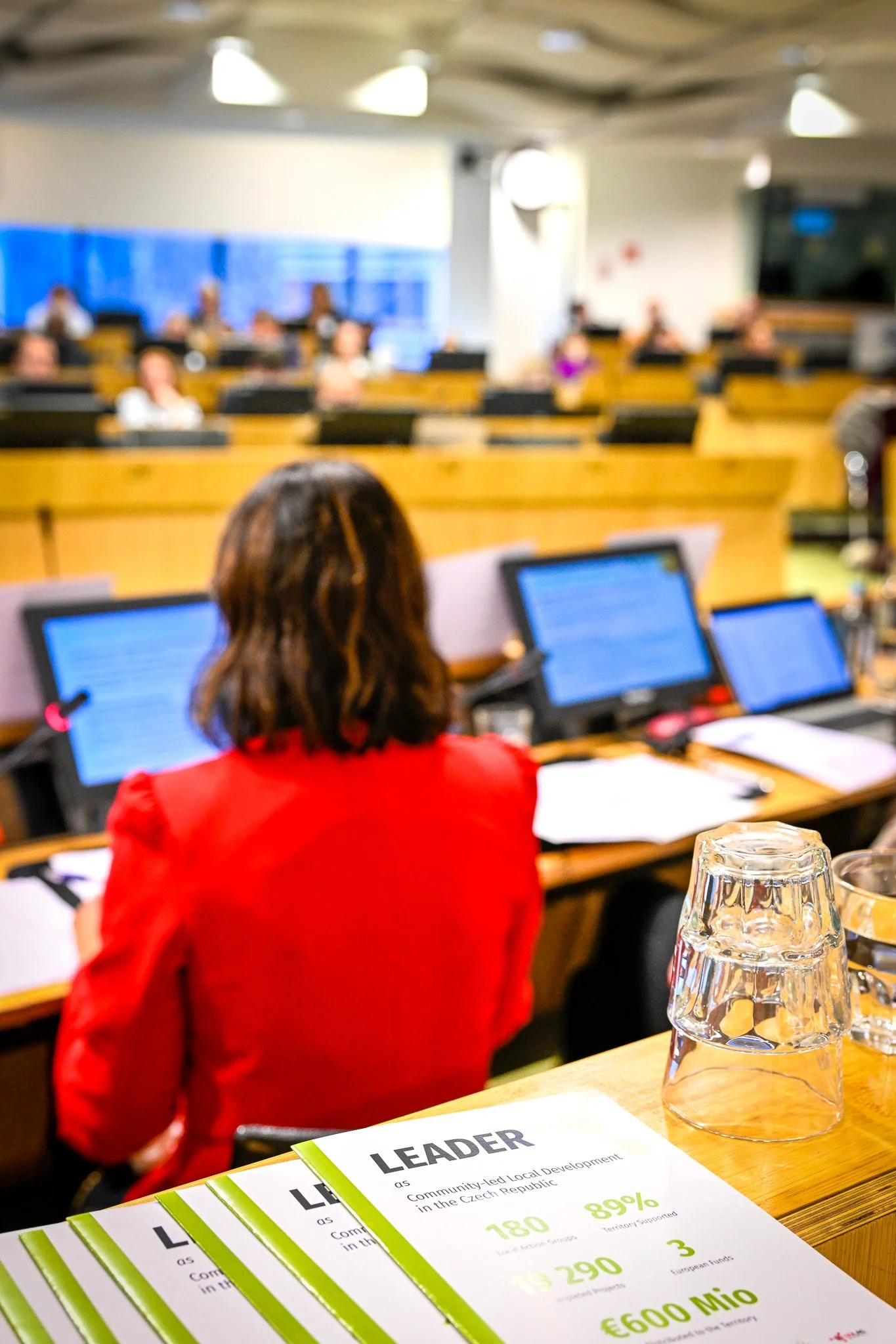 Réunion avec des personnes assises devant des ordinateurs, femme en rouge de dos, documents "LEADER" au premier plan.