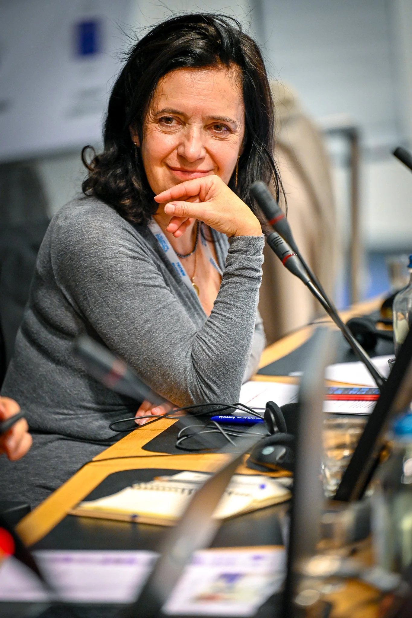 Une femme assise, souriante, avec des cheveux noirs, portant un pull gris, devant un micro, dans une salle de conférence.