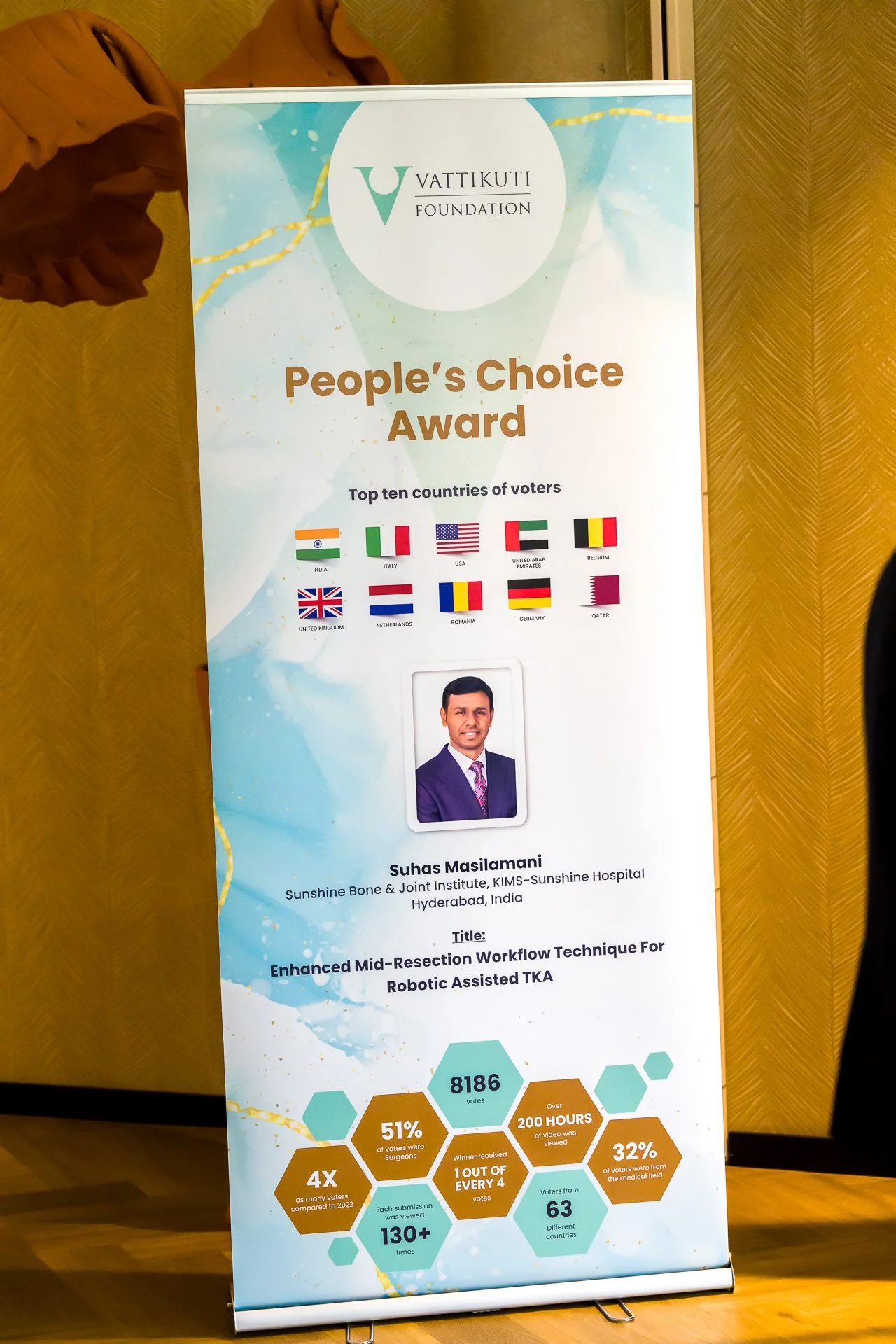 Bannière de fondation Vattikuti présentant un lauréat du "People's Choice Award" avec des drapeaux de pays, une photo de Suhas Masilamani et des statistiques de votes.