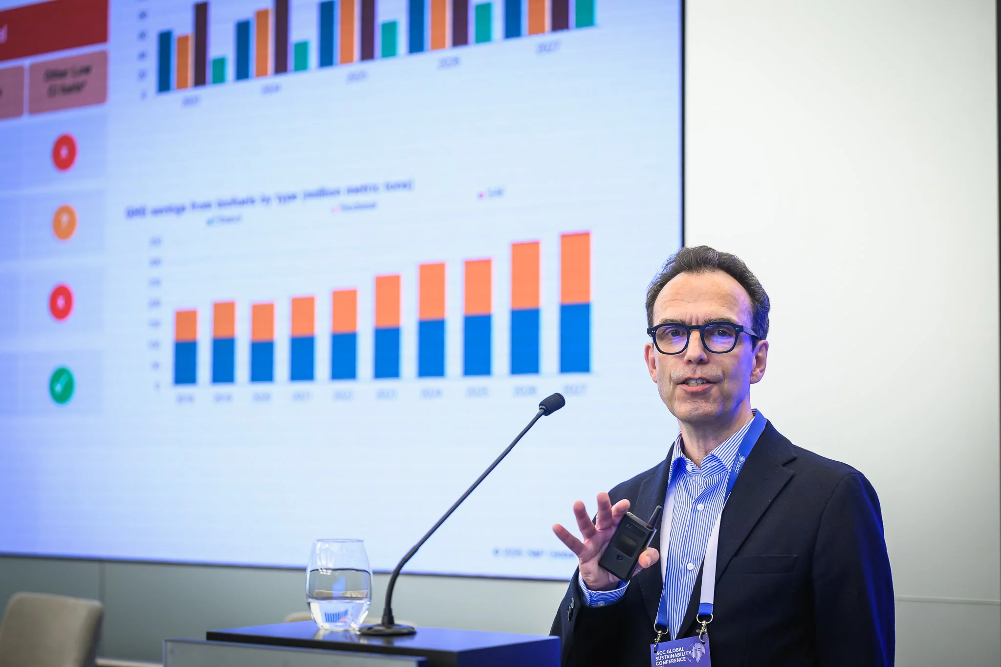 A speaker gestures beside a projected slide containing coloured bar charts.