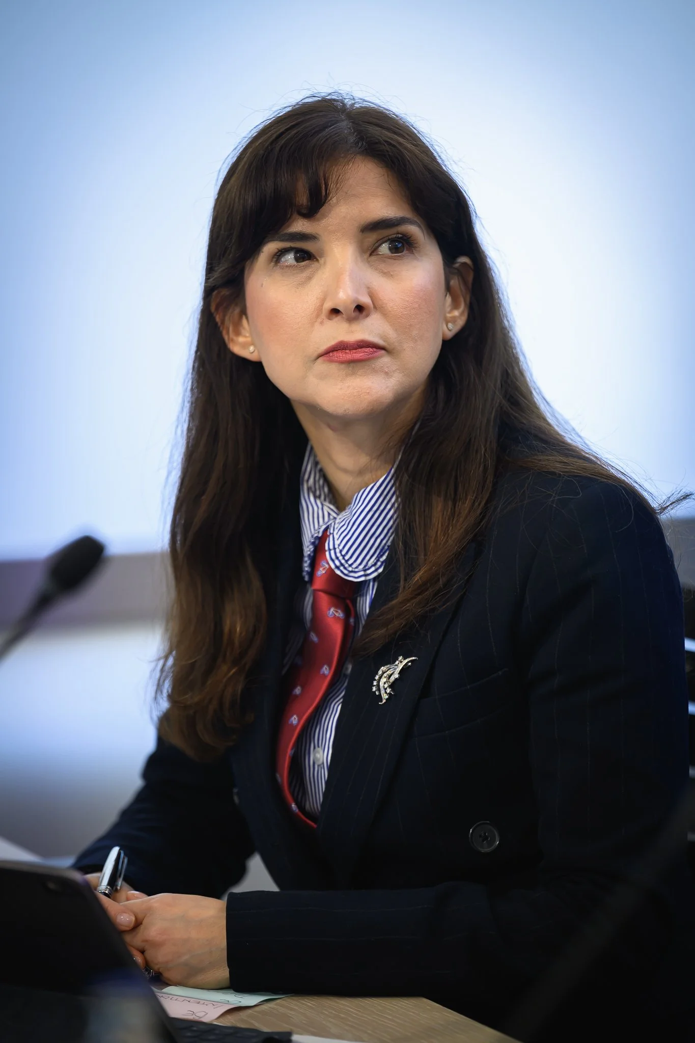 A seated woman with long dark hair listens at a conference table.