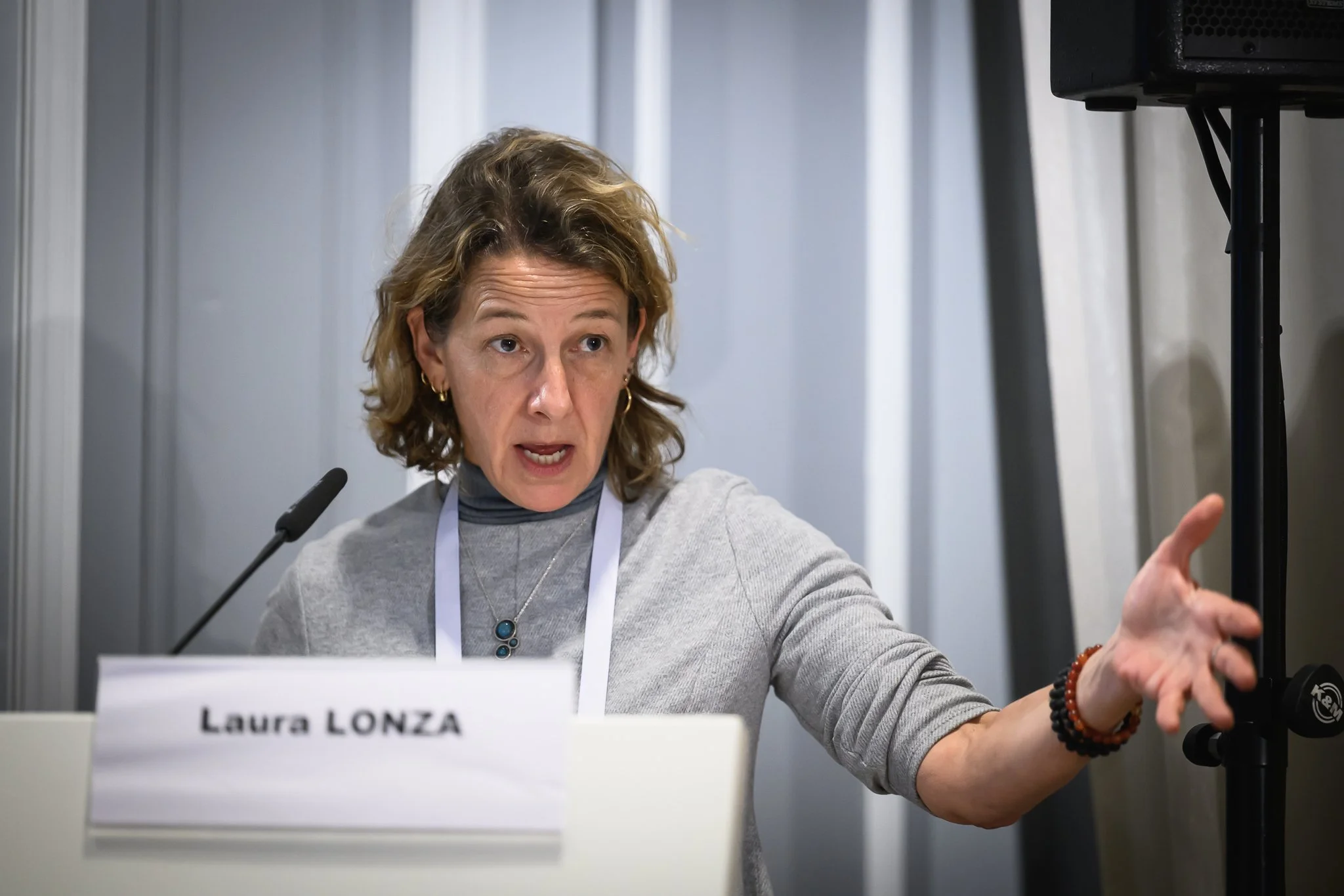 Laura Lonza gestures while speaking at a lectern bearing her name.