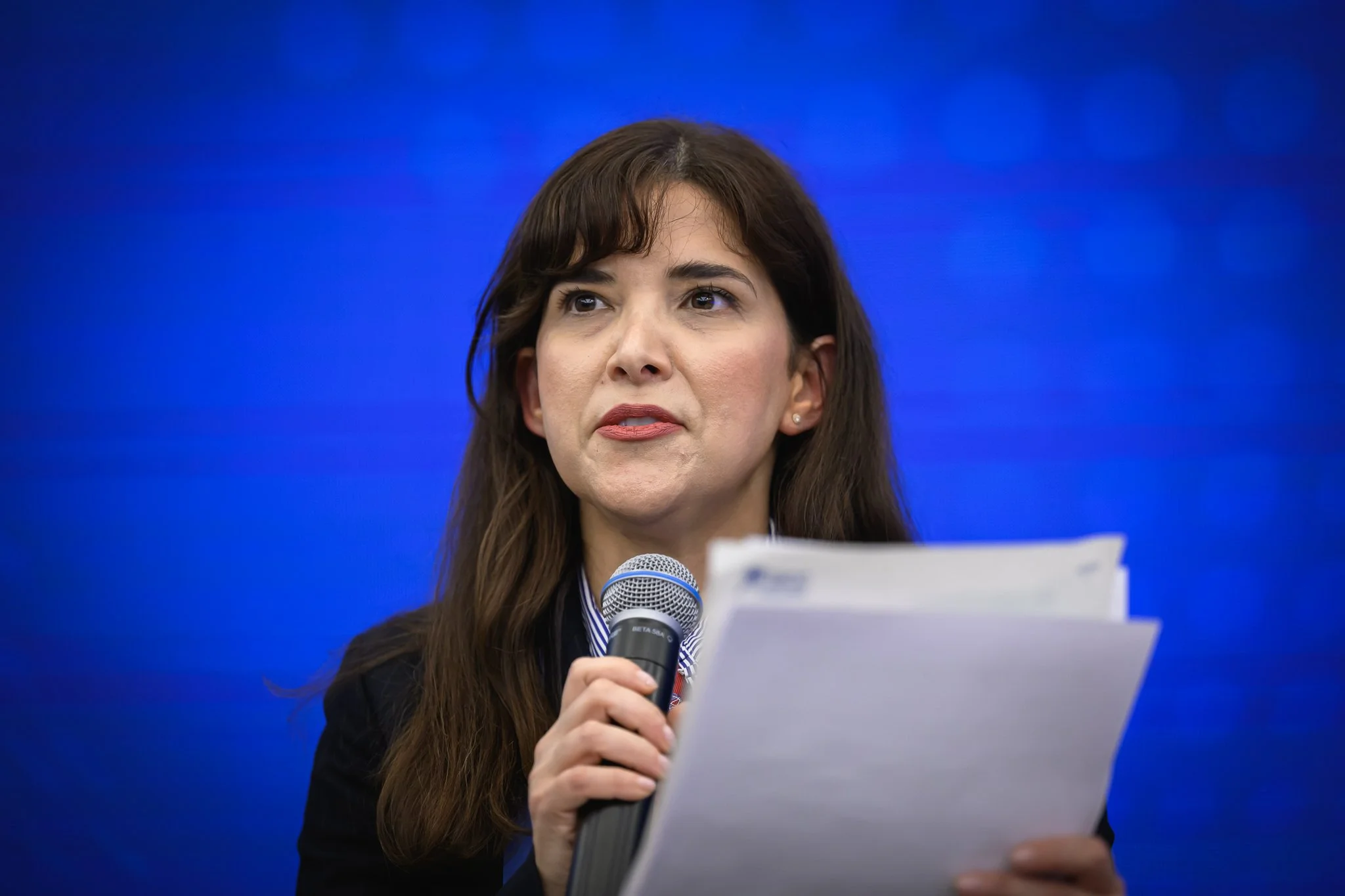 A panel participant holds a microphone and reads from printed notes.