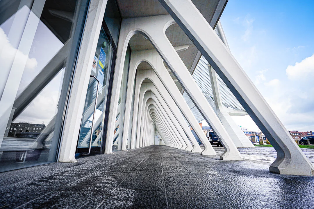 Les arches et piliers blancs de la gare de Liège-Guillemins vus en perspective depuis une allée pavée.