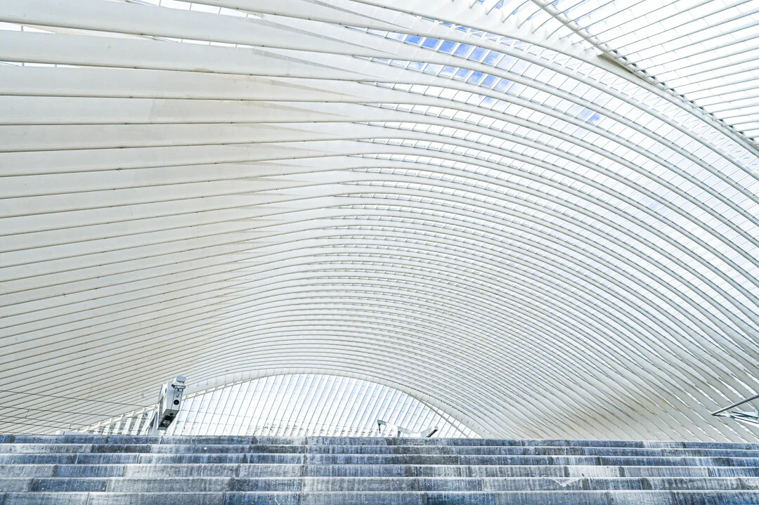 Vue de la grande toiture blanche nervurée de la gare de Liège-Guillemins, avec ses courbes et ses lignes convergentes.