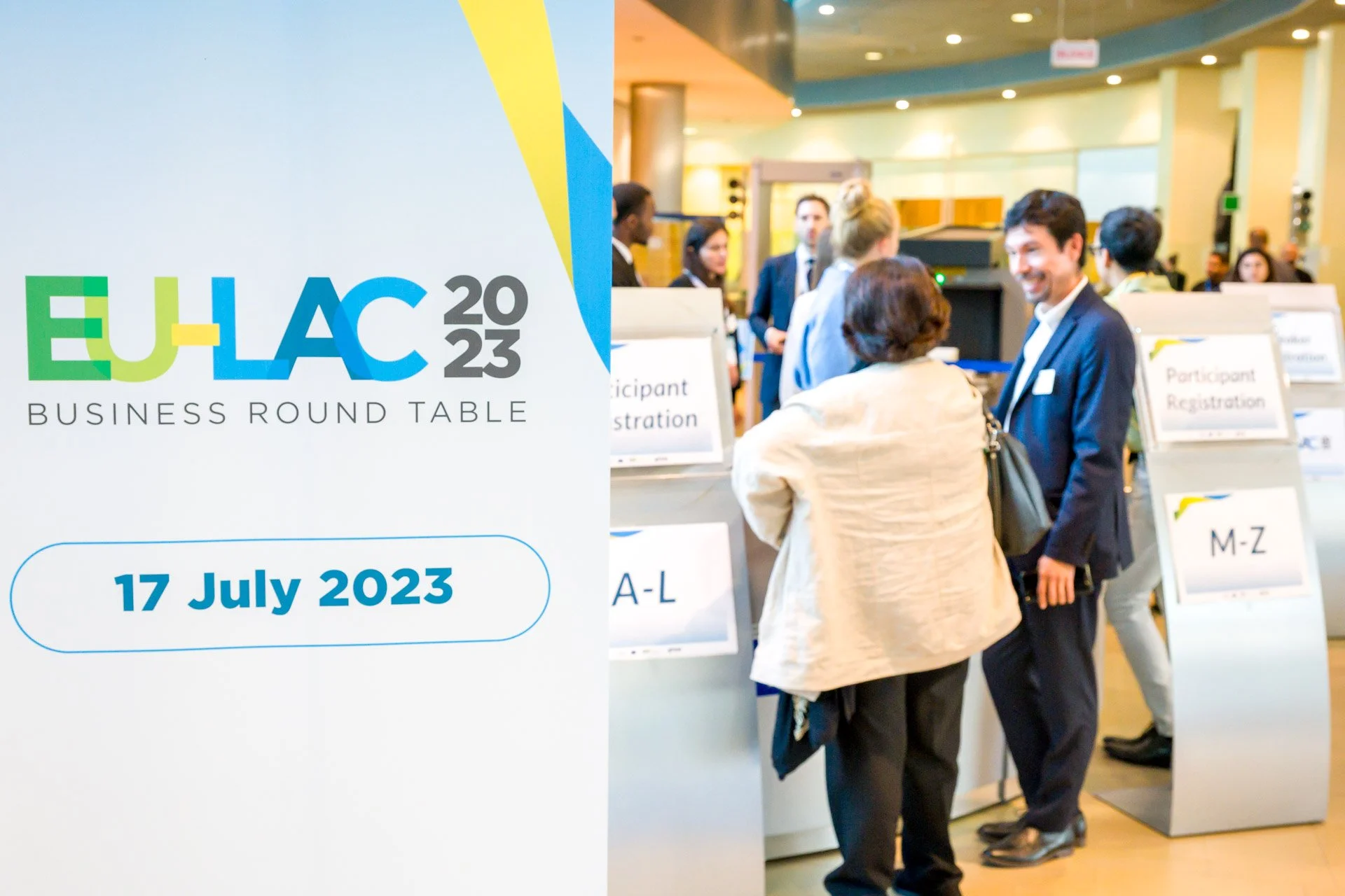 Affiche de l'événement EU-LAC Business Round Table 2023, date le 17 juillet, avec des participants enregistrant à un comptoir.
